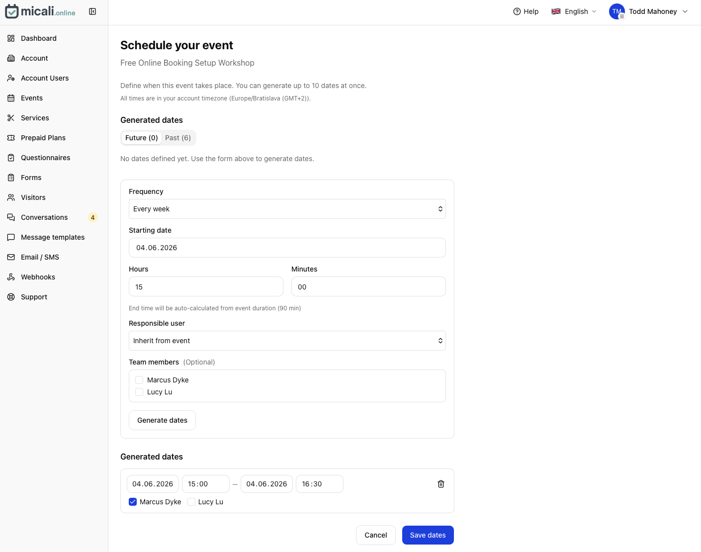 Micali app — scheduling recurring event dates