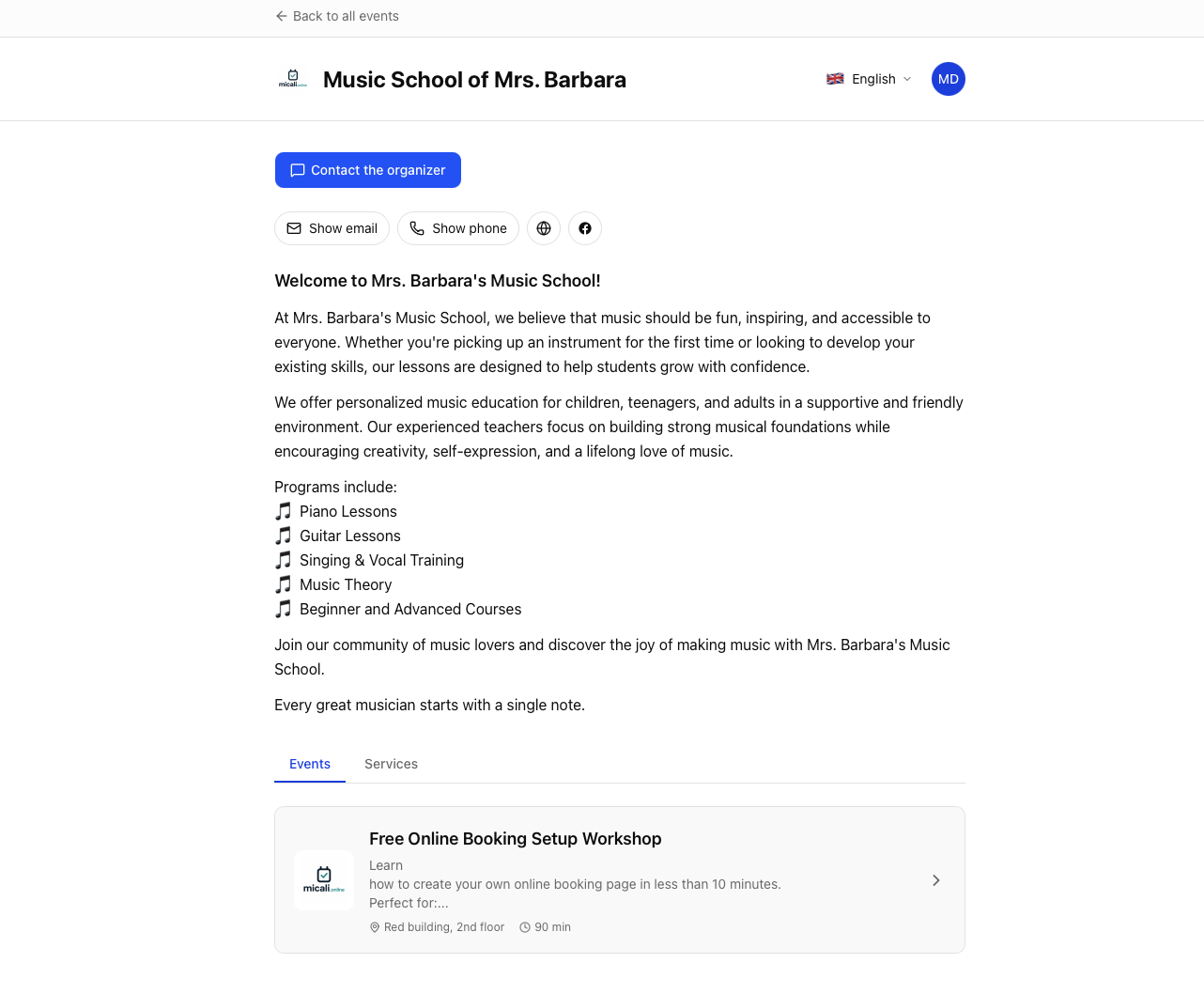 Micali booking page — a public organizer profile with services and events