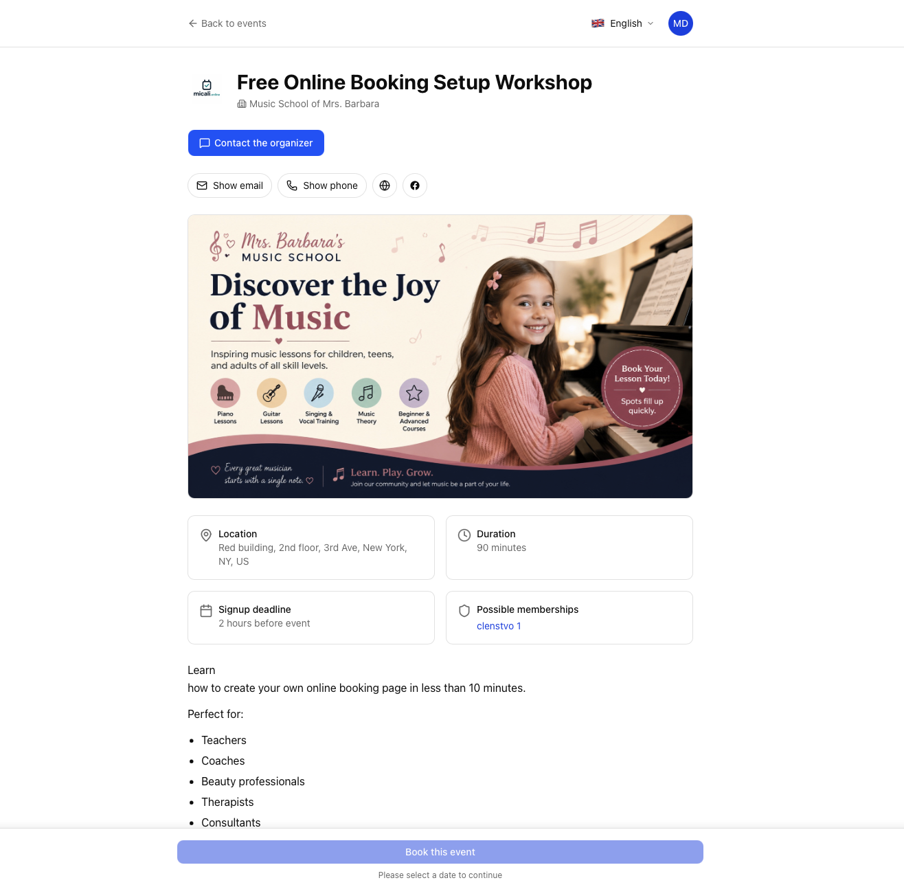 Micali booking page — a public event with details and a book button